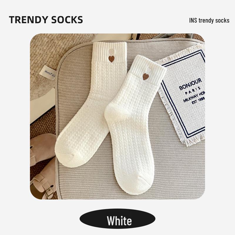 Women's Terry Mid-Calf Socks: Velvet-Lined, Thick, Warm, Postpartum, Embroidered Heart, for Autumn and Winter