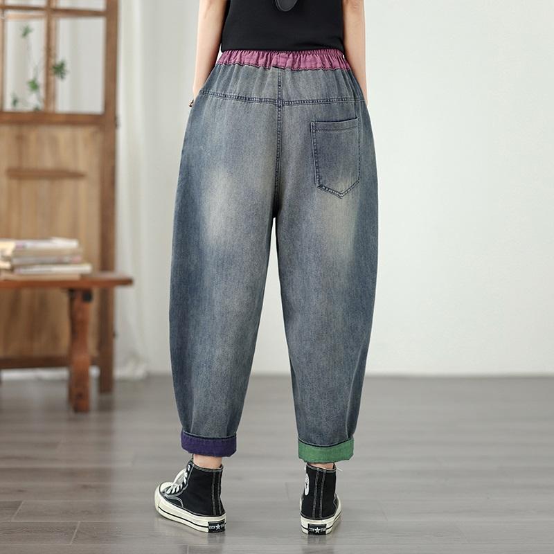 Plus Size Vintage Patchwork High Waist Casual Loose Women Spring Summer Autumn Jeans Denim Harem Pants