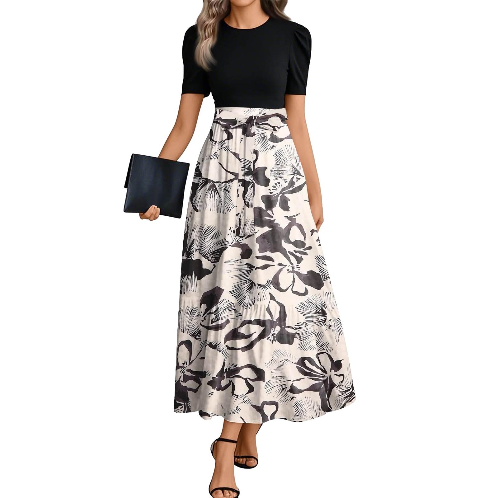 

Women s Fashion Casual Belted Round Neck Short Sleeve Floral Patchwork Elegant Dresses XL хакі