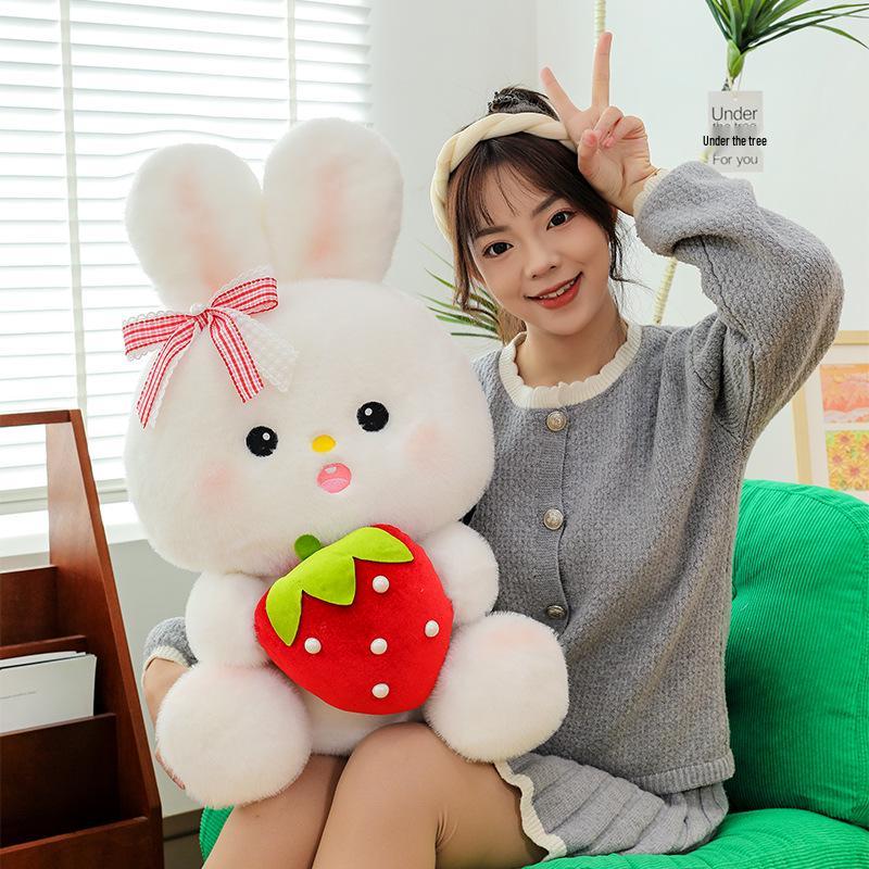 Adorable Strawberry-Holding Rabbit Plush Toy - Soothing Sleep Stuffed Animal Rag Doll for Girls' Birthdays