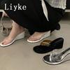 Fashion Liyke PVC Transparent Pinch Narrow Band Women Slippers Wedge Sandals Beach Party Mules Slides Shoes Summer High Heels Flip Flops