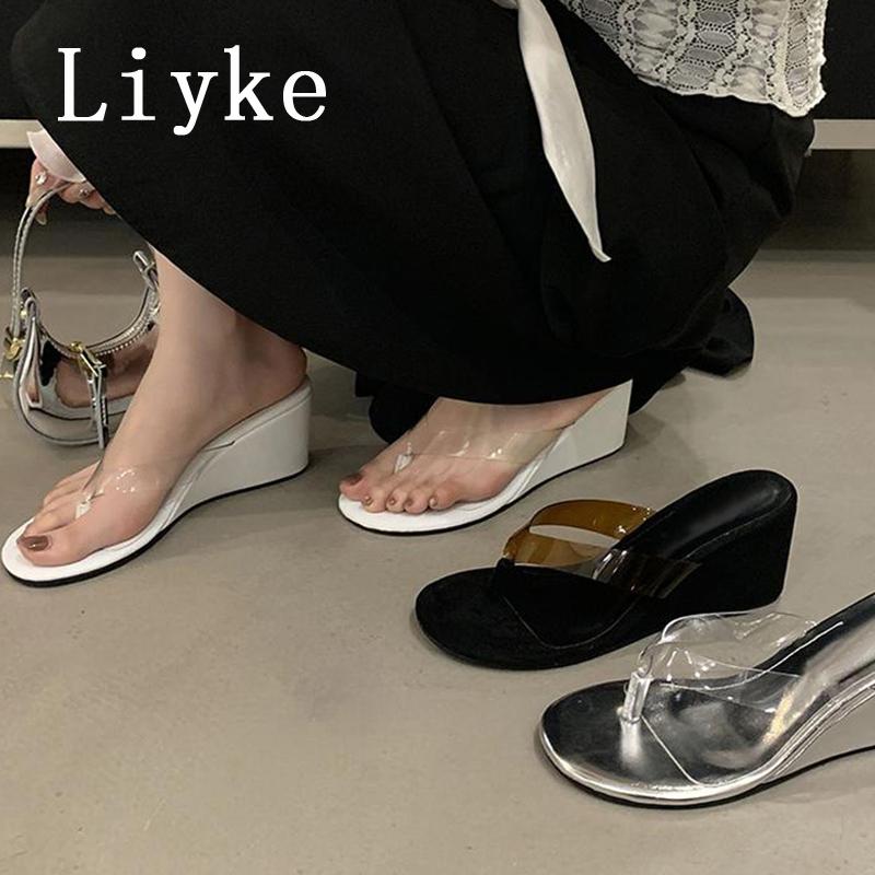 Fashion Liyke PVC Transparent Pinch Narrow Band Women Slippers Wedge Sandals Beach Party Mules Slides Shoes Summer High Heels Flip Flops