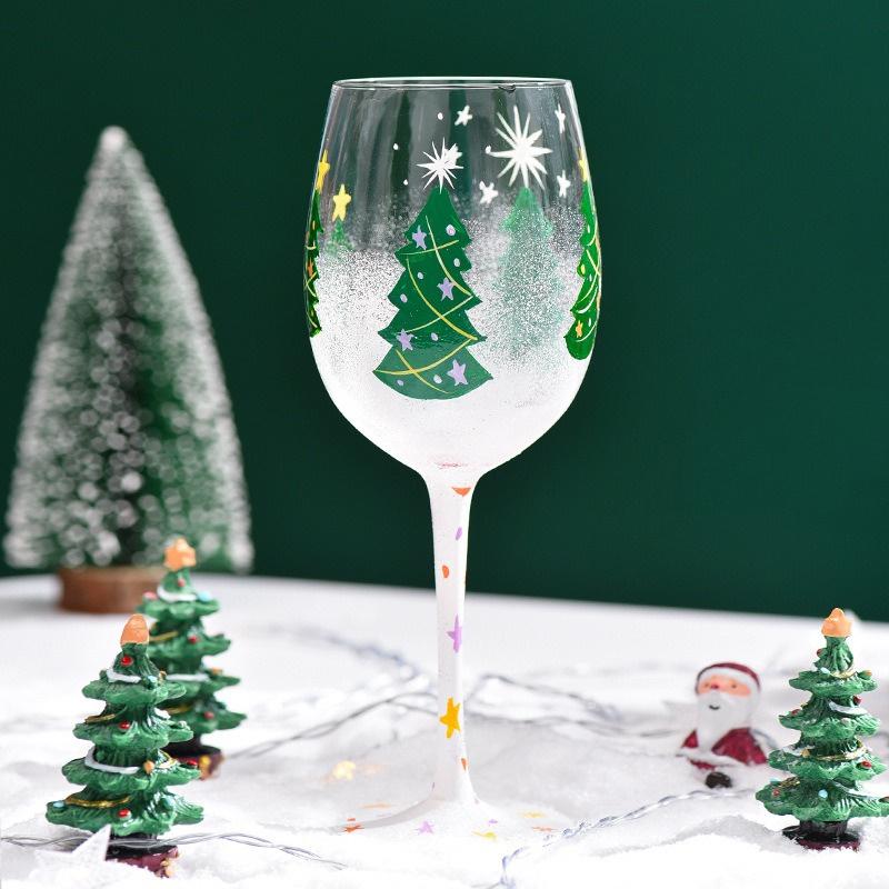 Hand-Painted Christmas Tree snowman Glass Goblet Red Wine Glass Coffee Cups Christmas theme Pattern Home Glass Cup Xmas Gifts