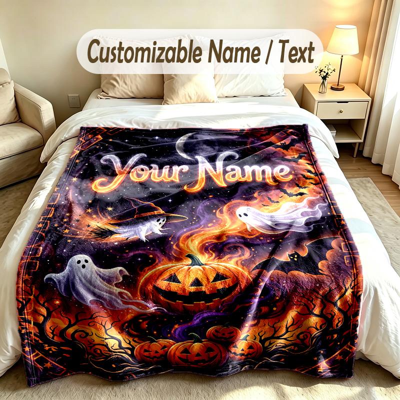 Halloween Theme Custom Blanket Personalized Name & Text Customized Soft Warm Throw Blanket Home Decor