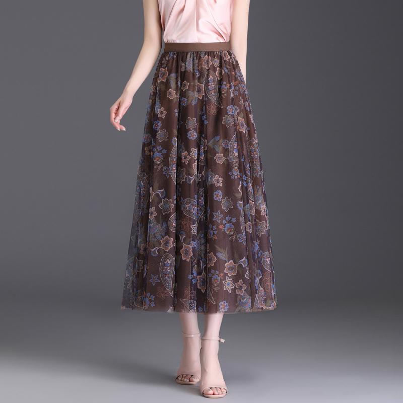 Summer Women's Skirt Literary Loose Floral Half-body Skirt In The Long Section of The Anti-permeable Gauze Skirt