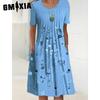 GMXIA 30 Color Pleated Midi Dress Short Sleeve Round Neck Loose Hem Mid-Calf Length Women Floral A-Line Party Dress Casual Wear