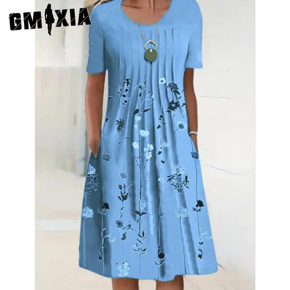 GMXIA 30 Color Pleated Midi Dress Short Sleeve Round Neck Loose Hem Mid-Calf Length Women Floral A-Line Party Dress Casual Wear