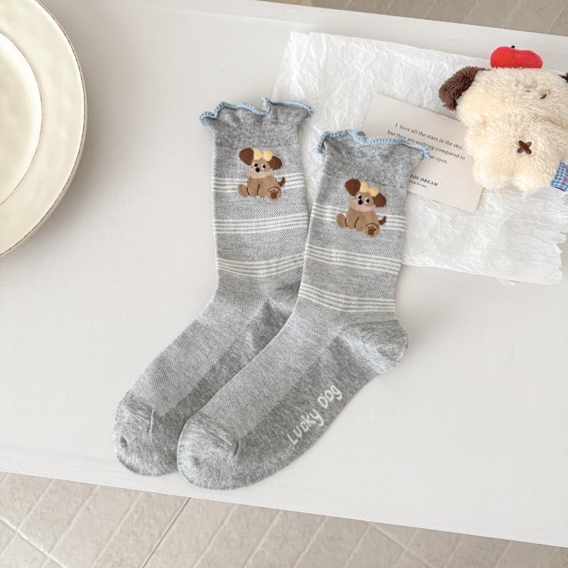 Spring/Summer Striped Mesh Puppy Socks: Cute Cartoon Polka Dot Mid-Calf for Women