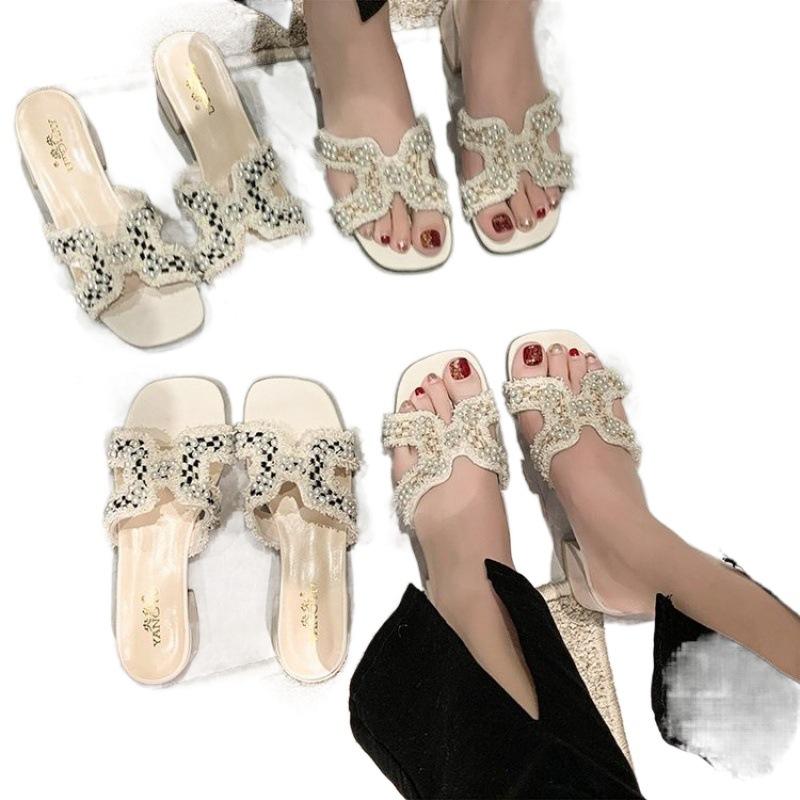Slippers Women's Summer Outer Wear 2025 New Korean Version Versatile Open-toed Middle Heel Thick Heel Fairy Style Pearl Sandals Flat Bottom