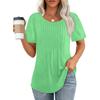 Loose New Pleated Crew Neck Short-sleeved Shirt Women's Top, Stripped Solid Color Women's Clothing