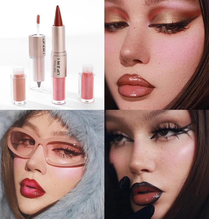 2 In1 Tapered Gradient Lipliner Pen Nude Brown Mirror Glass Lip Gloss Matte Lip Liner Water-resistant Lip Contour Non Stick Makeup