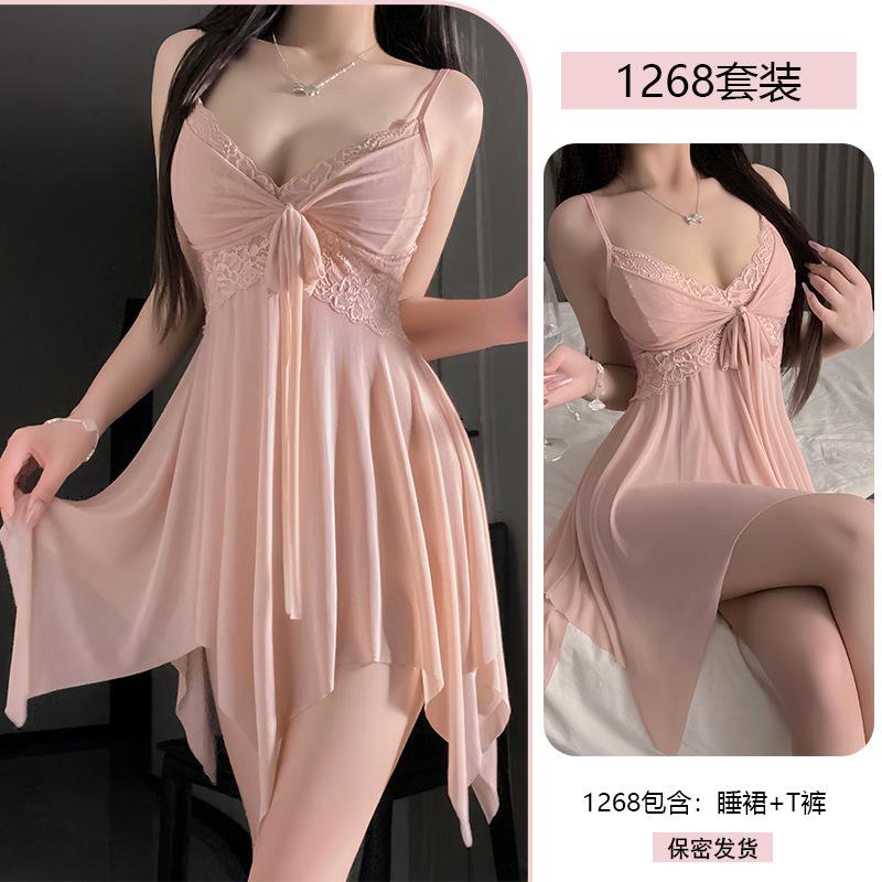 Yiyue Erotic Underwear Sexy Lace Seduction Nightdress Mesh Lace-up Gather Pure Desire Free Uniform Pajamas 1118