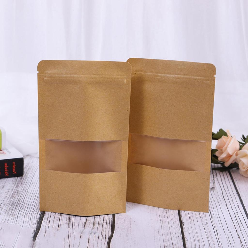 50Pcs Stand Up Pouch Bags Kraft Pouches with Tear Notch and Matte Window Re Able Zip Lock Food Storage Bags