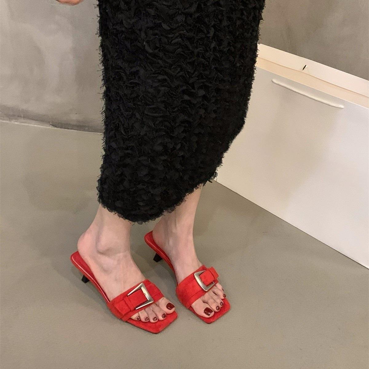 

Small heels, high heels, red one-word slippers, women s shoes, temperament sandals 35
