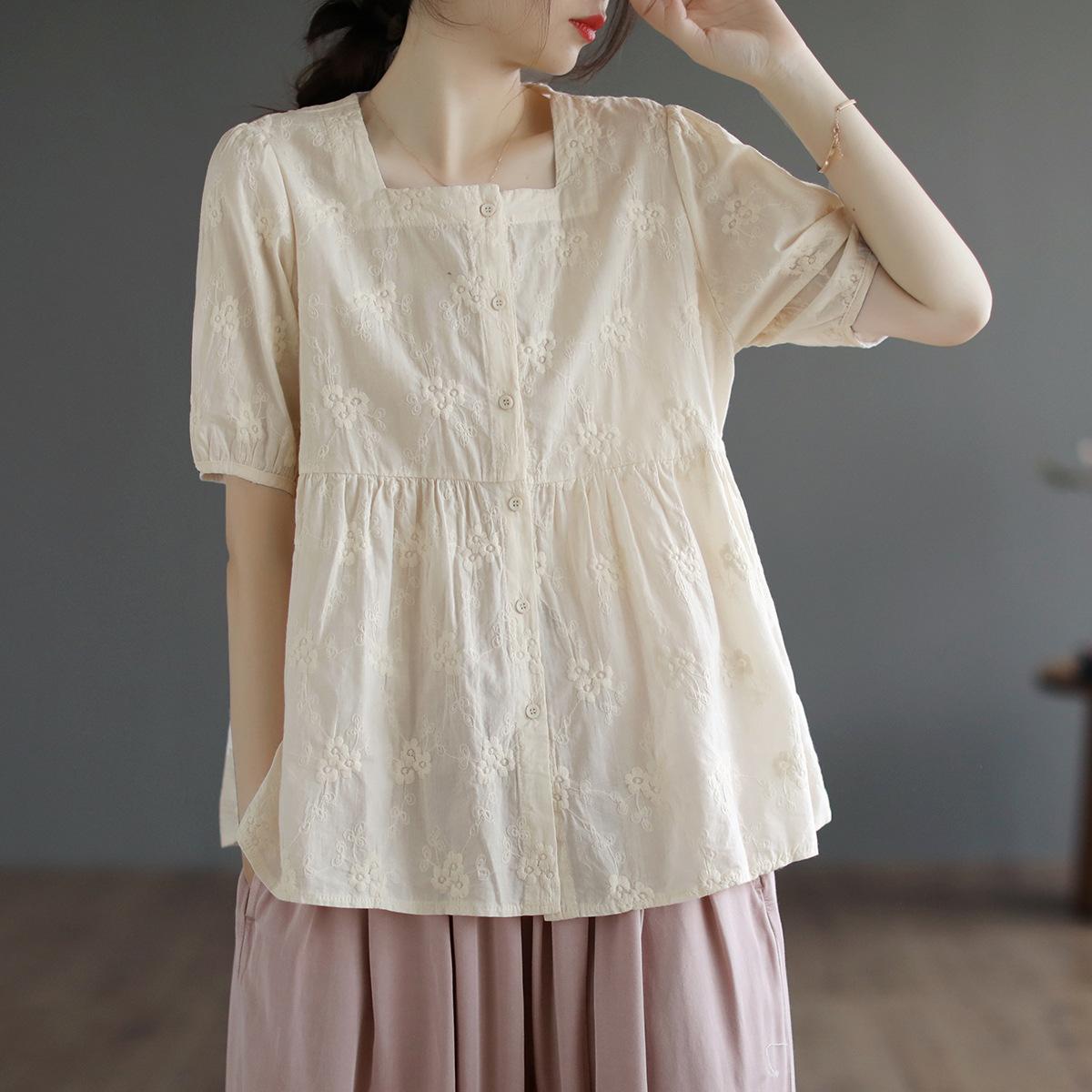 Johnature Женские вышитые цветочные рубашки, топы, однотонные, с коротким рукавом, летние, на пуговицах, винтажные женские блузки One Size