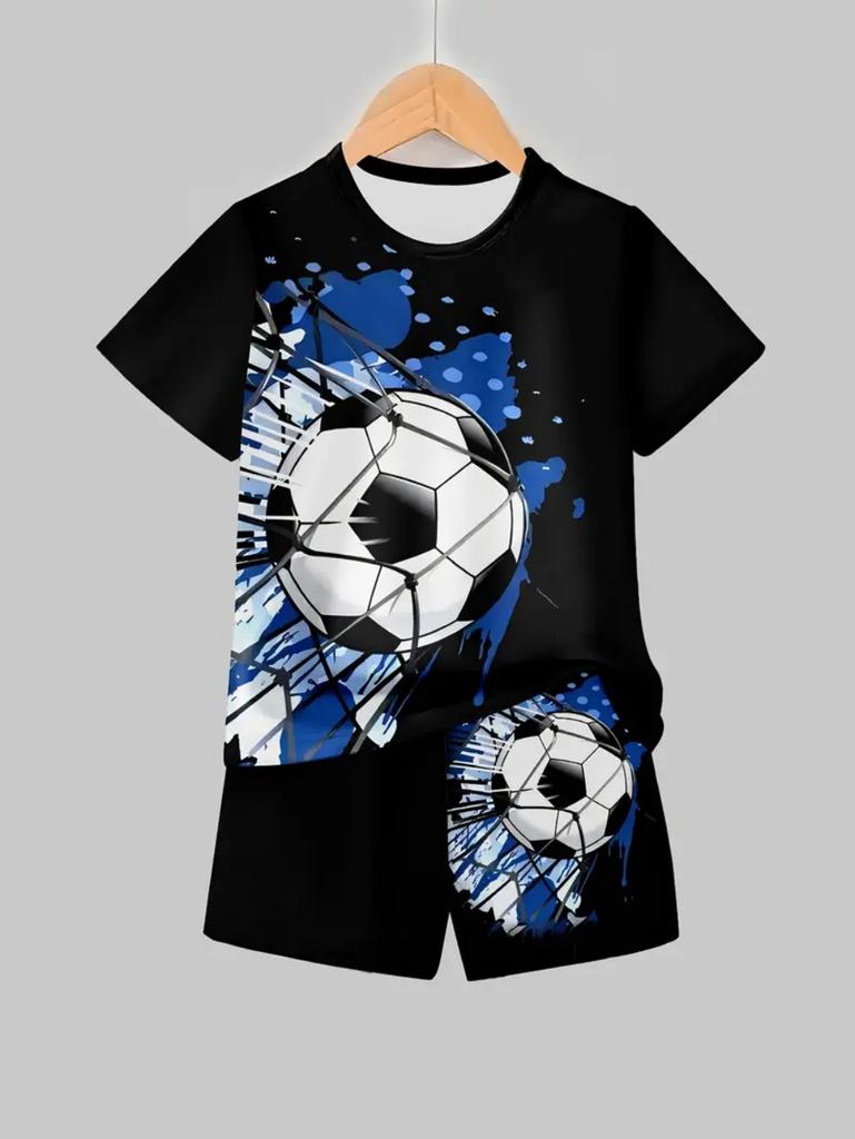 Fußballtrikot Jungen Set Mode Fußball Print Sommer Sportset Locker Atmungsaktiv Kinder Oberteile Freizeit Leicht Jungen Kleidung