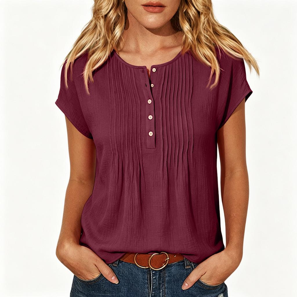 Women's Casual Color Button Front Round Neck Short Sleeve Blouse for Everyday Wear