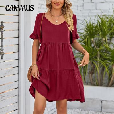 Women's Dress Summer Casual V-Neck Babydoll Pleated Dresses