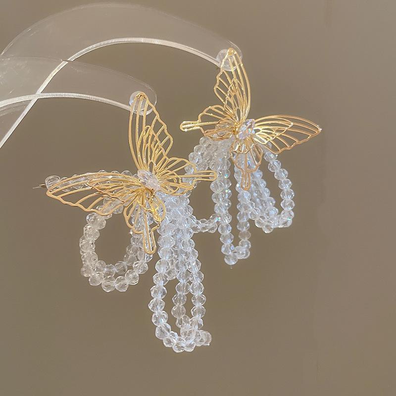 Silver needle French retro flower pearl fringed earrings personality sweet temperament stud earrings women