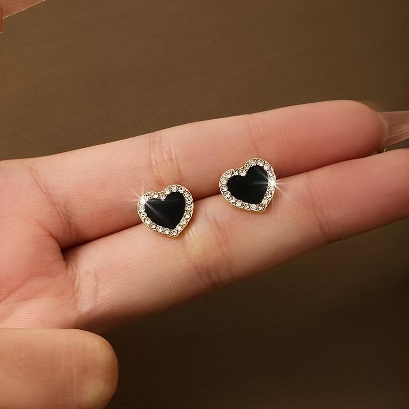 Elegant Black Heart Stud Earrings with Sparkling Rhinestones Zinc Alloy, Perfect for Everyday & Party Wear