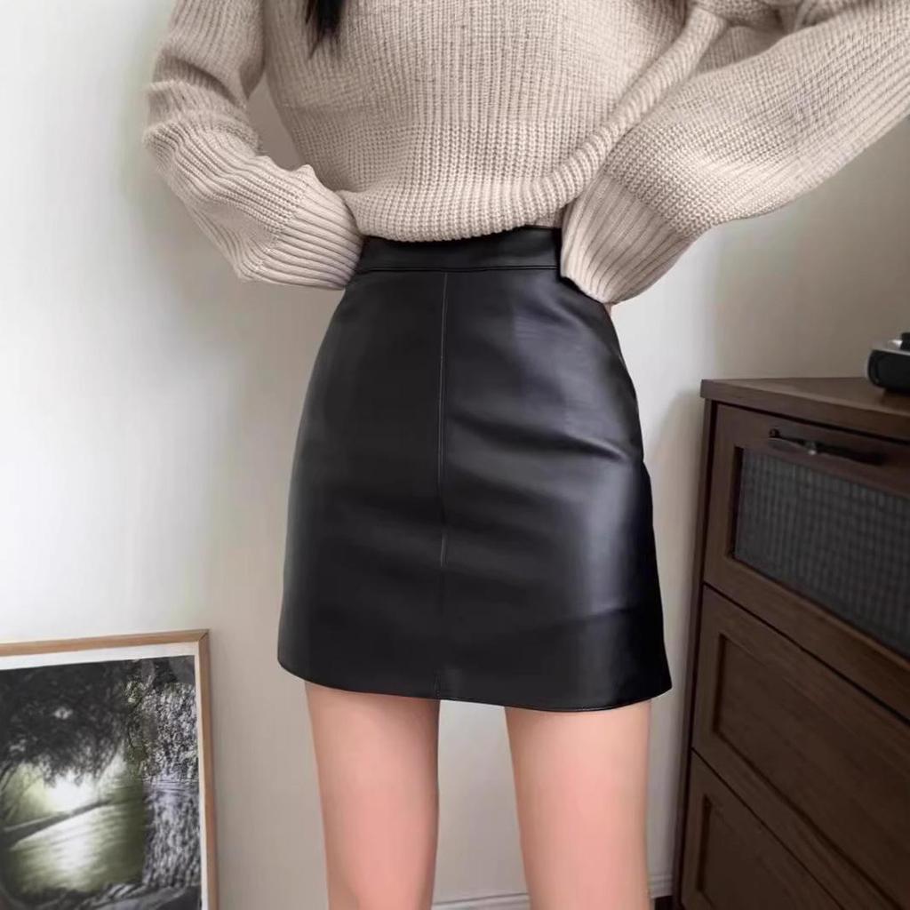 Damen Schwarzer PU-Leder A-Linien Minirock – Slim Fit, Vielseitiger Midi für Herbst/Winter