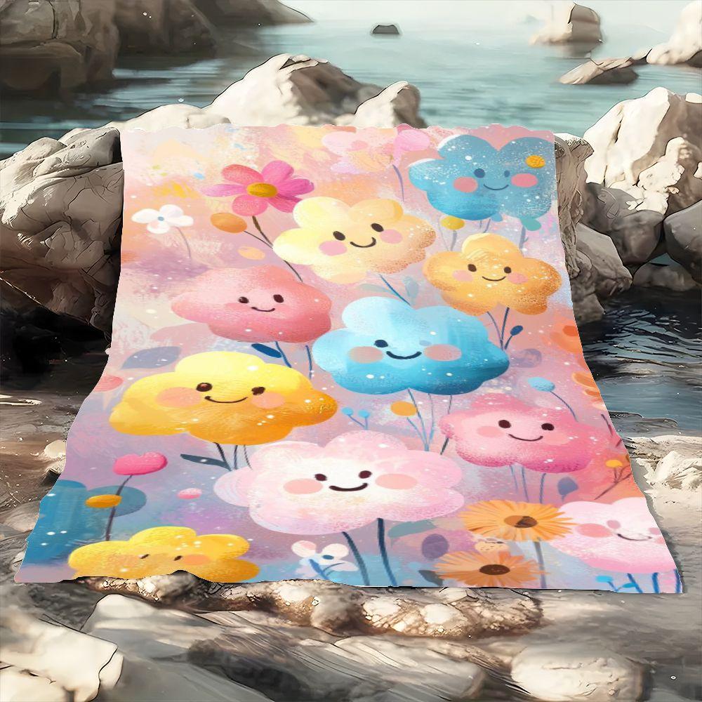 Whimsical Floral Throw Blanket - Cheerful Smiling Flowers in Pastel Hues, Soft and Cozy Blanket for Home Décor - Perfect for Kid