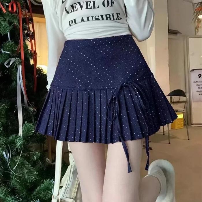 Polka Dot Bow Tie Pleated Mini Skirt with Lace-Up - A-Line, Anti-Exposure, Girlish Summer Design