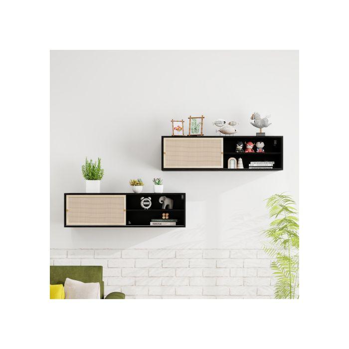 Une Armoire Murale Rectangulaire Noire Avec Portes Coulissantes Gauche-droite, Finition En Rotin Tressé, Longueur 110 Cm.