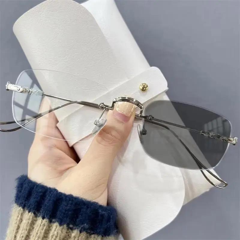 New Fashion Photochromic Glasses Vintage Frameless Square Frame Anti-Blue Light Eyeglasses Women Men Optical Eyewear Uv400