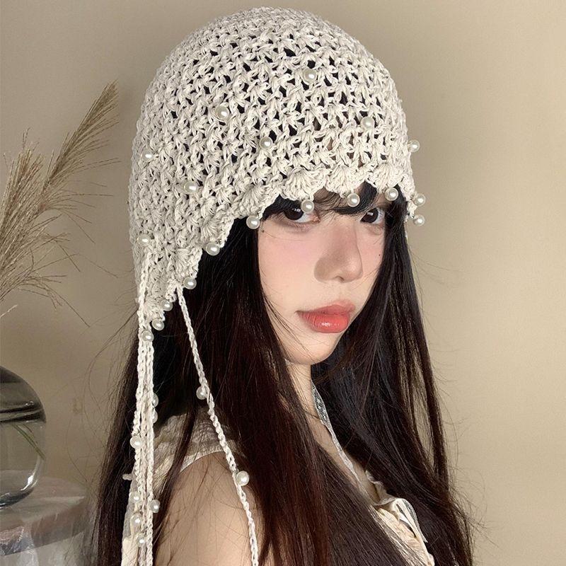 Women's Summer Hollow-out Pearl Tassel Pendant Head Wrap Hat Ethnic Style Knit Slouchy Hat Retro Face Slimming Cap