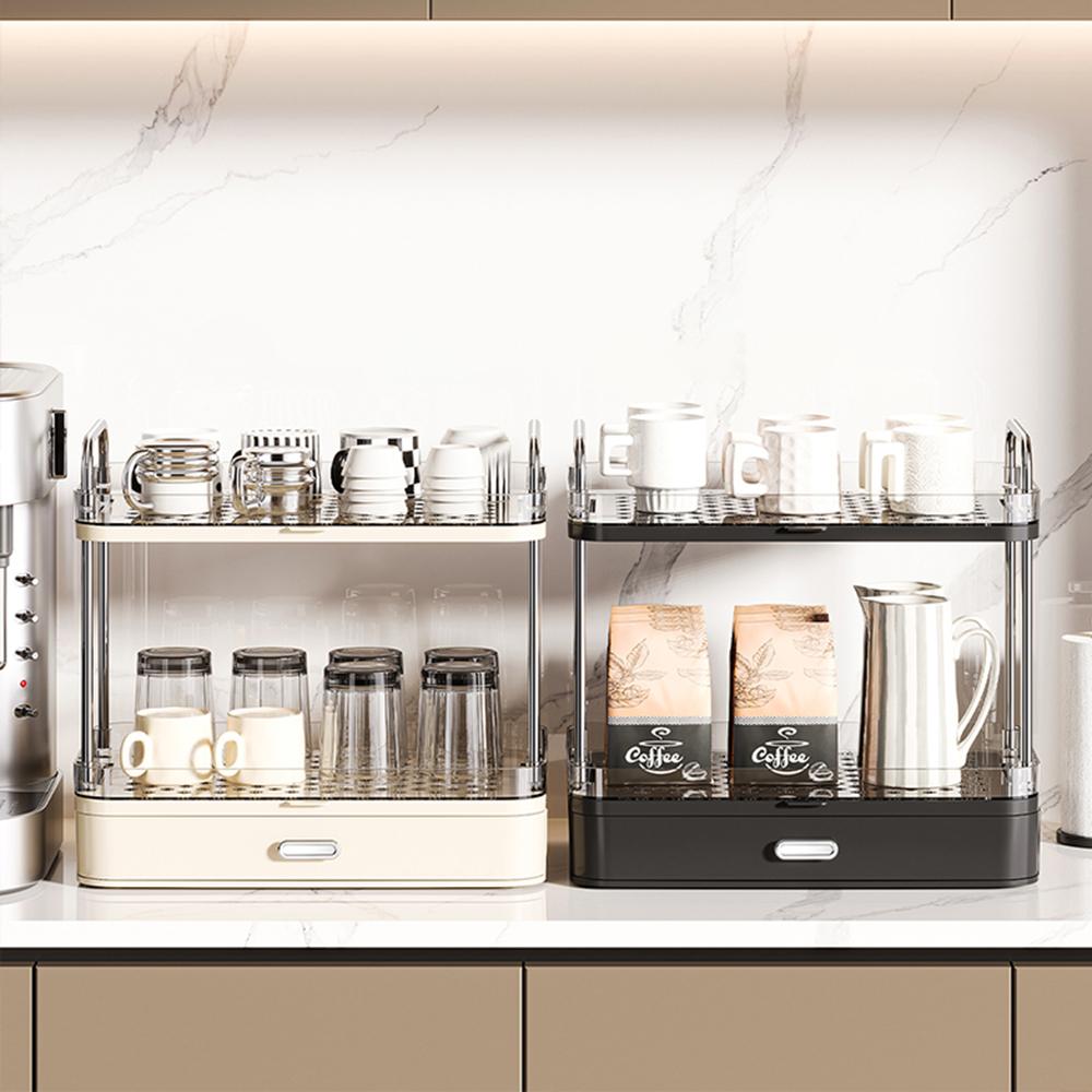 Double-layer Cup Rack with Drain Tray Rack for Kitchen Table Top Glass Cups Tea Cups, Coffee Cups and Water Cups Organizer Shelf