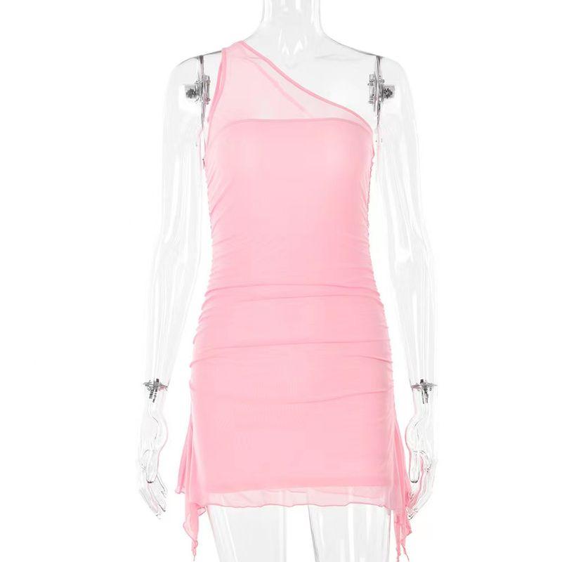 

Fashion Wind Sexy Sexy One-Shoulder Cold-Shoulder Dress Oblique Neck off Shoulder Dress Pink S