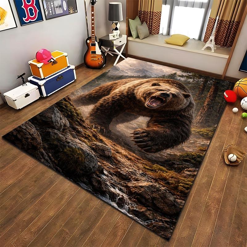 Realistic Roaring Bear Forest Print Carpet for Living Room Decor Suitable for use as an anti-slip for living room bedroom sofas