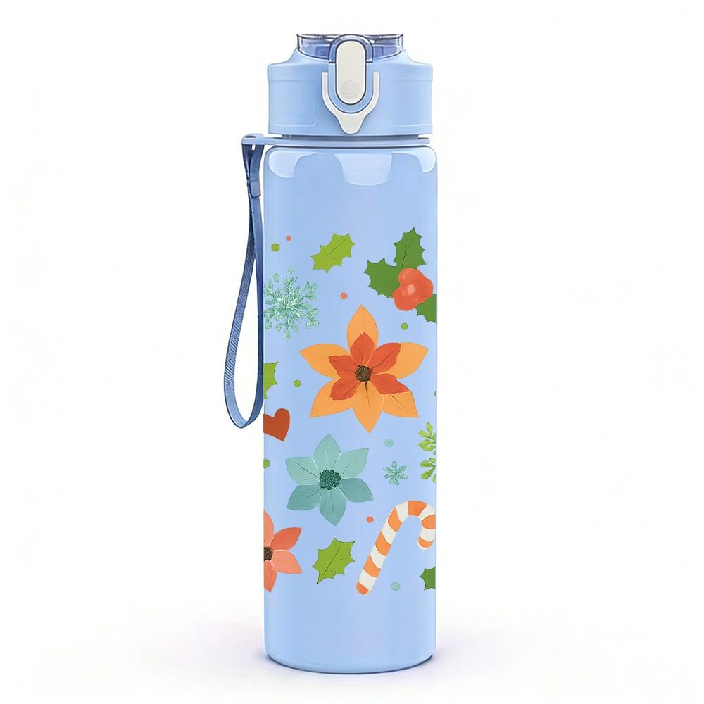 1PC Multicolor Floral Heart Print 750ml Color Plastic Sports Water Bottle Leakproof Flip Straw Lid Suitable for Sports Office Home Use