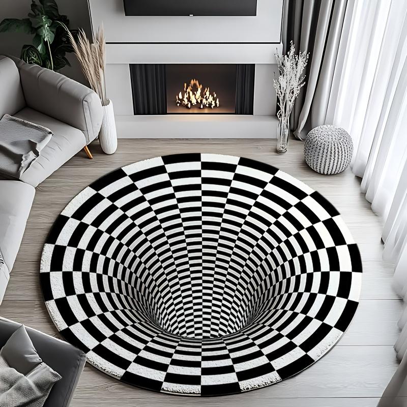 

Flannel Printed Round Rug With Black White Optical Illusion Design For Modern Home Decor Soft Floor Mat 3D Art Theme 60CM(23.6inch)