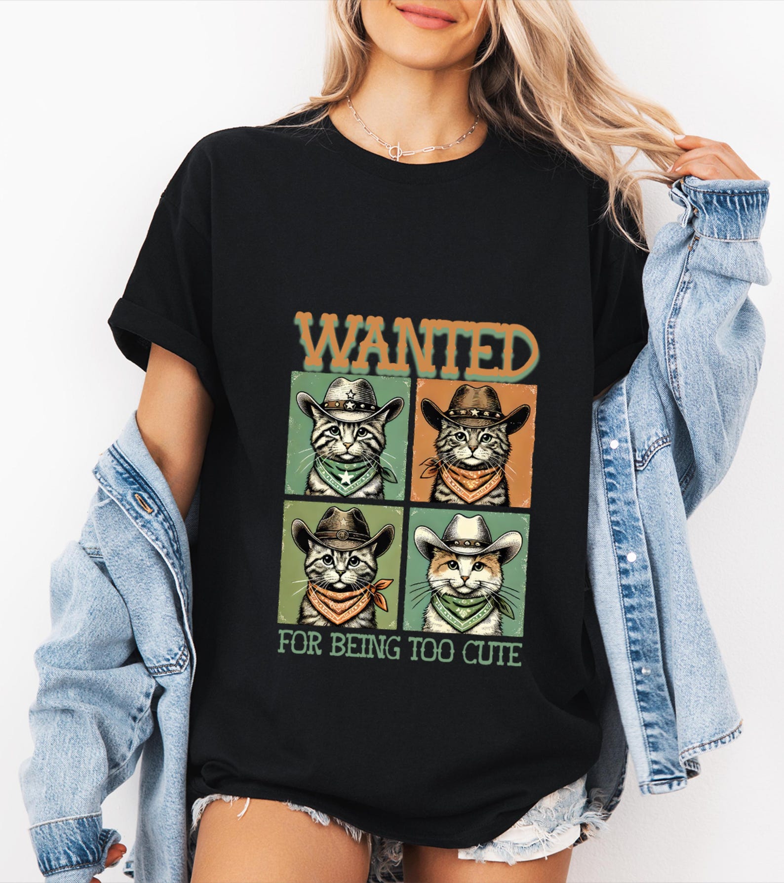 Cowboy Cat Mugshot T-Shirt: Wanted Poster Tee, Funny Cat Lover Gift L