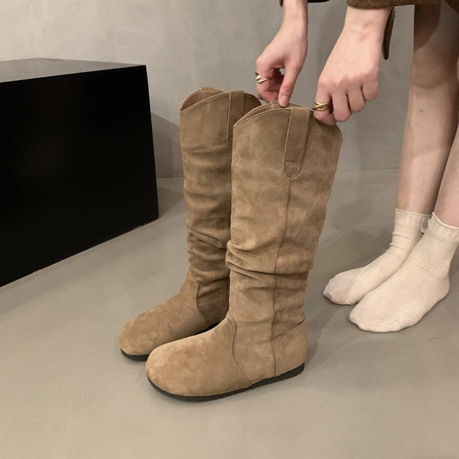 Inner Height Increasing Round Head Suede Stacking Boots Medium Knight Boots Women's 2025 Autumn and Winter Khaki Skinny Boots Long Boots