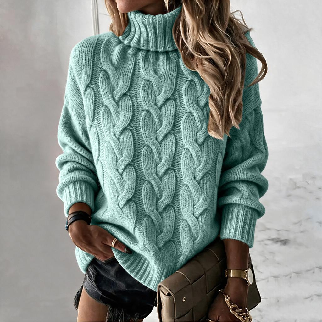 Women's Cable Knit Turtleneck Long Sleeve Sweater Color Casual Comfortable Top