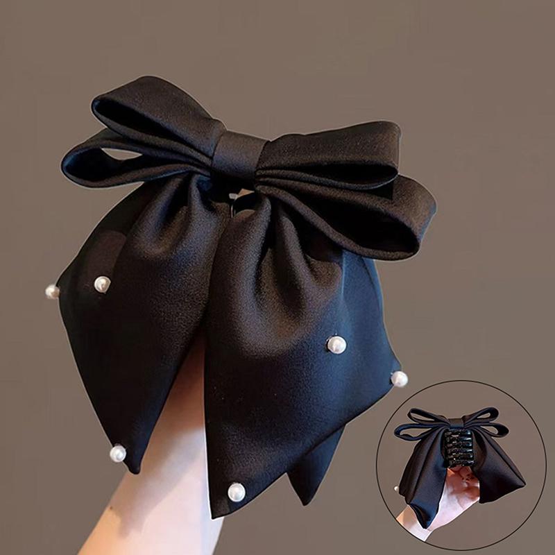 Satin Bow Hairpins Temperament Headwear Solid Color Pearl Hair Clips For Women Girls Ponytail Hair Accessories