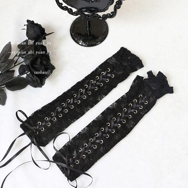

Pure Desire Style Black Silk Gloves Female Half Finger Black Sexy Lace Strap Oversleeve Sexy Long Punk Oversleeves Retro Lace Black All yards