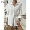 HNXC Damen Frühling und Sommer Mode Einfarbig Langarmhemd Anzug Damen Lässig Locker Shorts Zweiteiliges Set