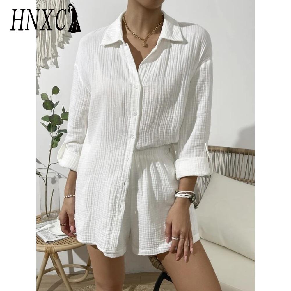 HNXC Damen Frühling und Sommer Mode Einfarbig Langarmhemd Anzug Damen Lässig Locker Shorts Zweiteiliges Set