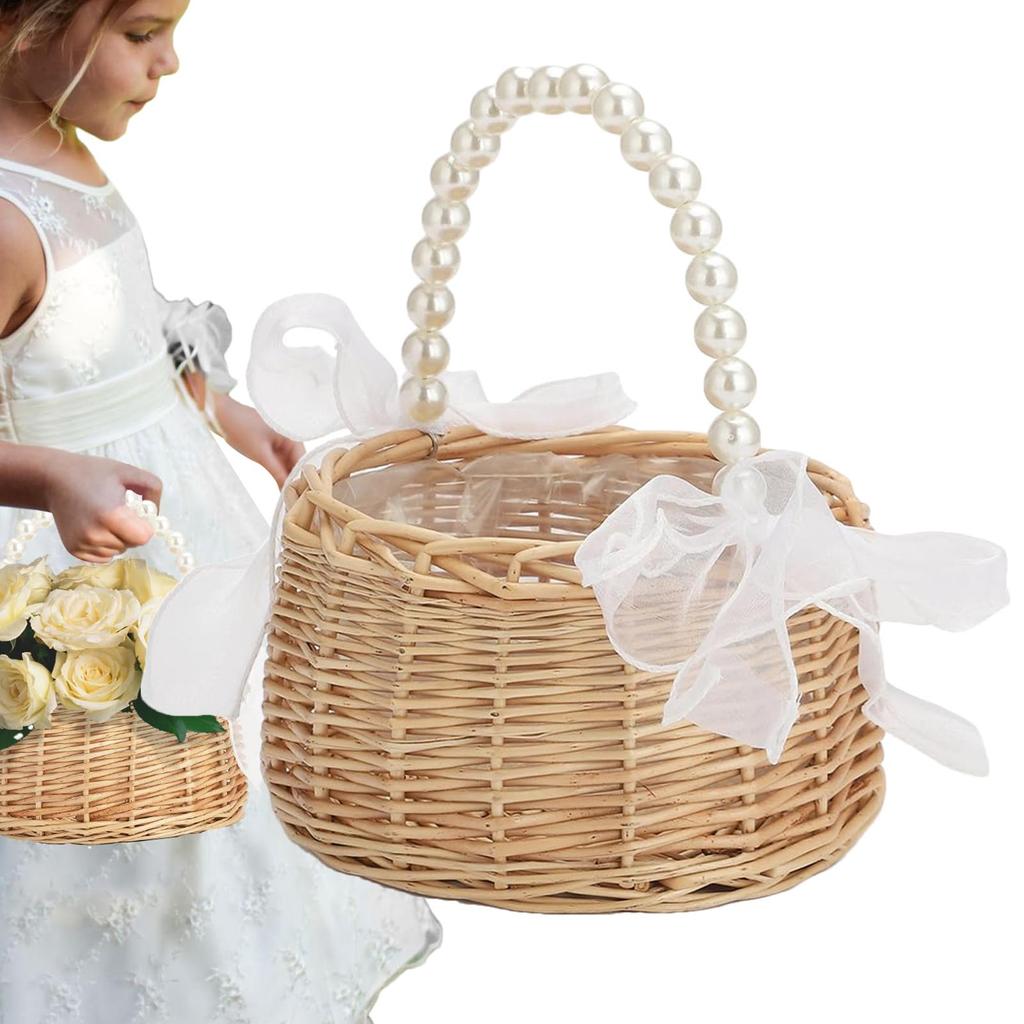 wicker rattan flower child Basket with Pearl handle and bow Hand woven Easter basket Wicker basket for Weddings