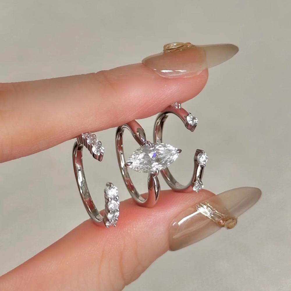 Wosikate Sparkling Horse-Eye Zirconia Simple Three-In-One Stacked Ring For Women Copper Plated Fashion Jewellery Finger Ring