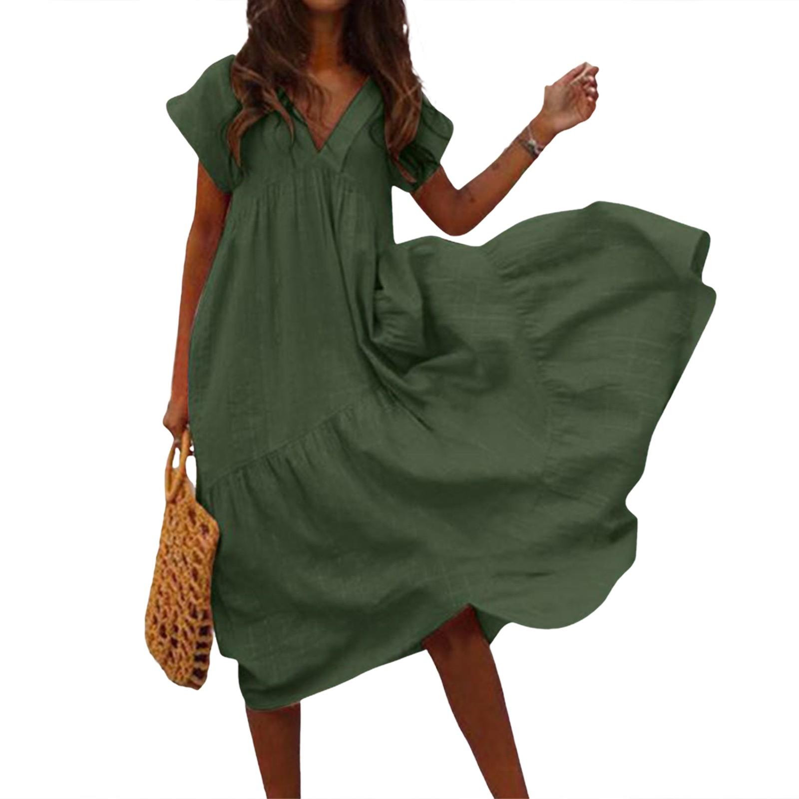 Ladies Fashion Casual Color Cotton Linen Loose Collar Women s Dress L