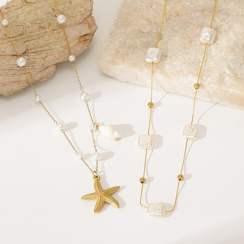 New Beach Summer Fashion Starfish Necklace Versatile Daily Imitation Pearl Set Stainless Steel