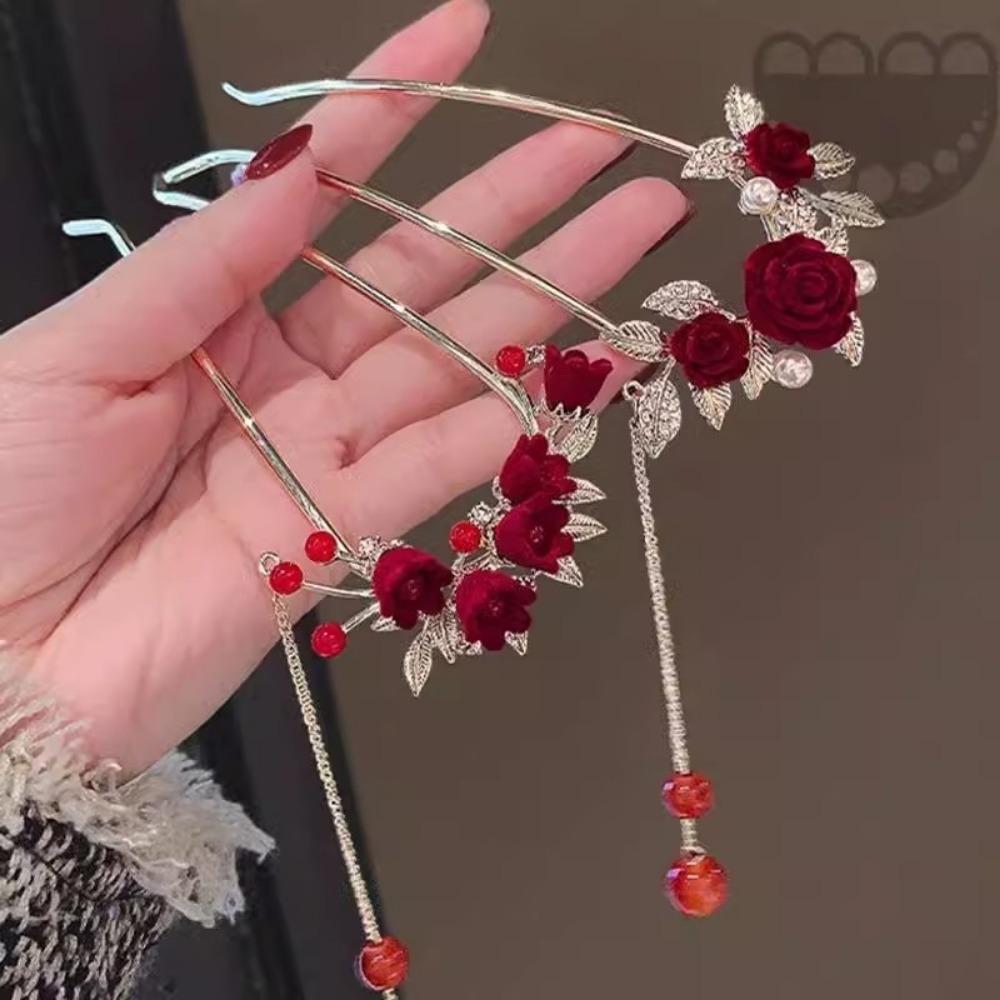 1pc Ancient Style New Year Red Flower Tassel U-shaped Hairpin Women High-end Flocked Alloy Hairpin Elegant Hanfu Headwear
