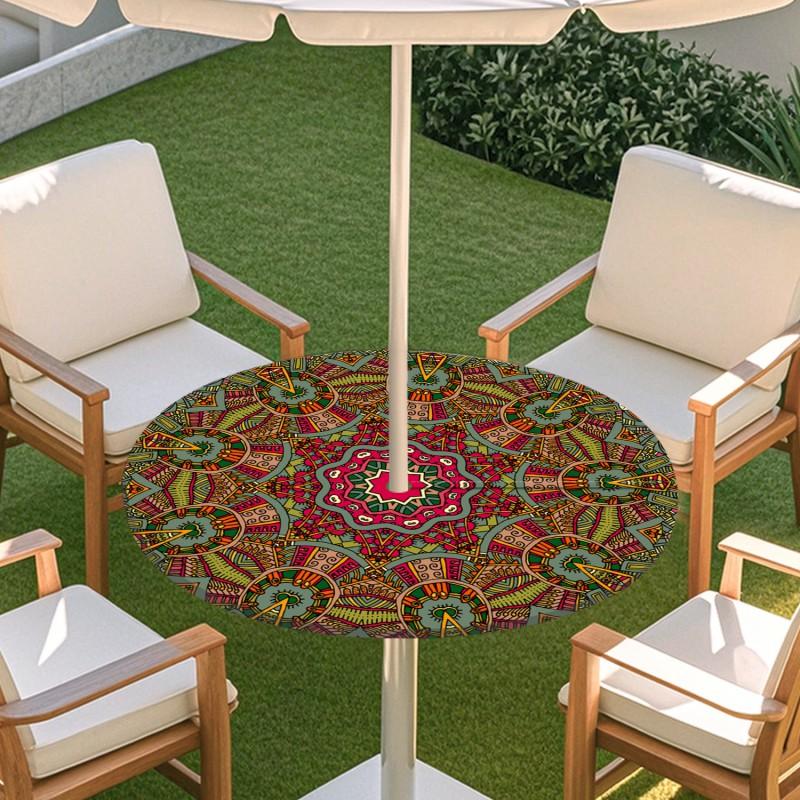 Outdoor Round Table Cover With Geometric Waterproof Elastic Hem Patio Garden Deck
