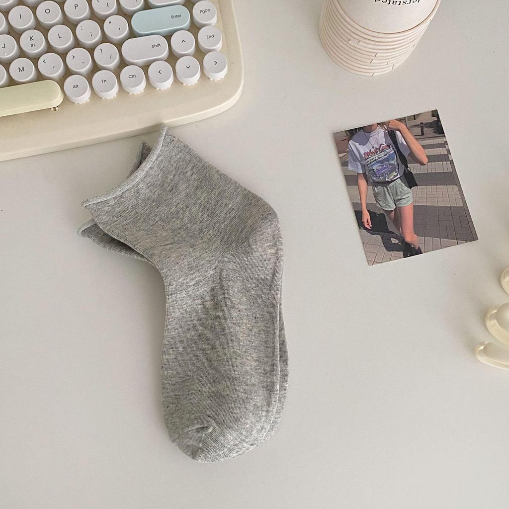 Women's Mid-Calf White Cotton Socks - Spring/Summer Korean & Japanese Style, Rolled Edge, Solid Color, Short Black Option Available