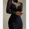 Mesh Patchwork Hot Drilling Dress Rhinestone Contrast Mesh Bodycon Dress
